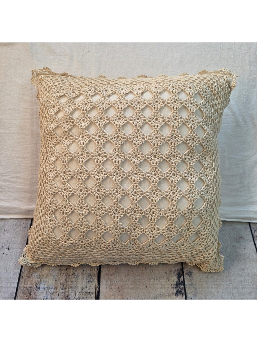 Vintage Crochet Throw Pillow Scalloped Lacy Hem 14x14 Granny Core Cottage